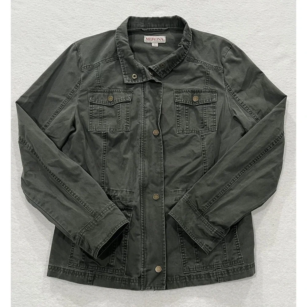 Merona Womens Size LG Military Jacket Dark Green Cotton Utility Jacket